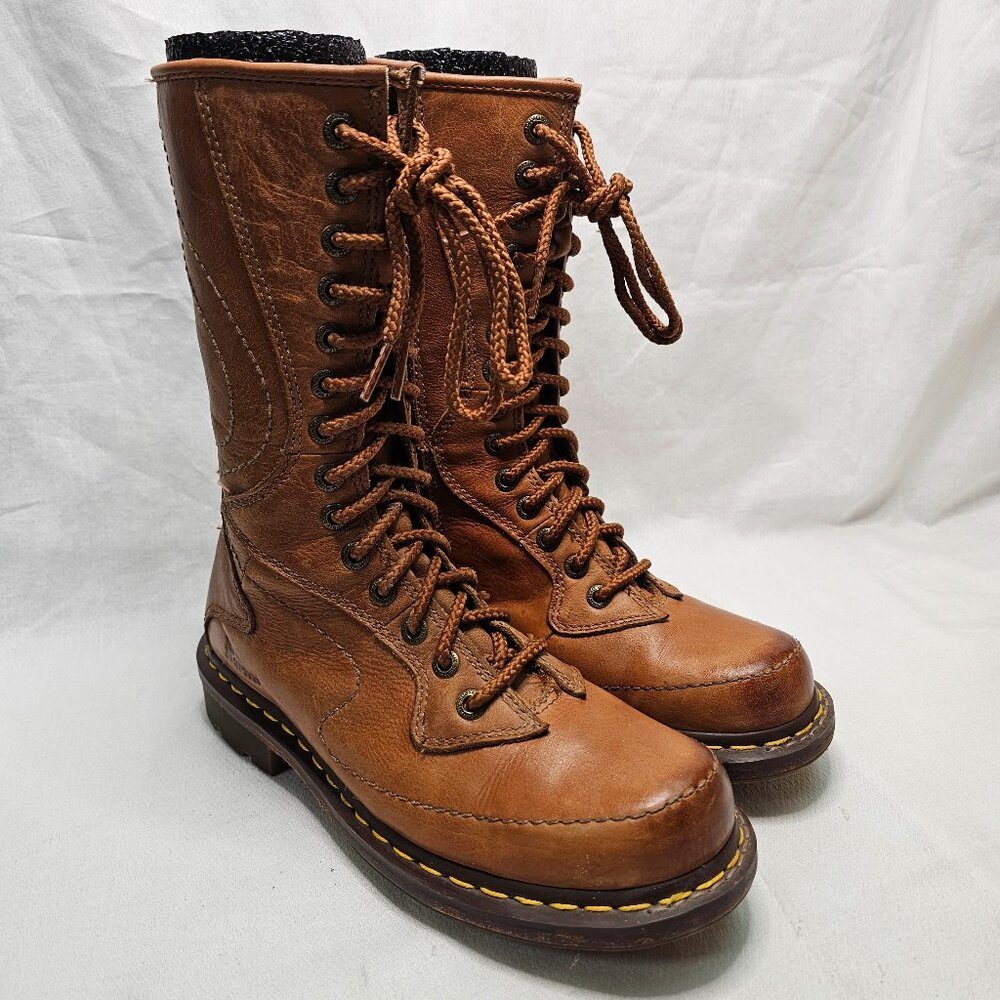 Doc Dr Martens 14 Hole Tan Tall Leather Boots Air Wair 11472 Women's 8 Men's 7i - Picture 3 of 13